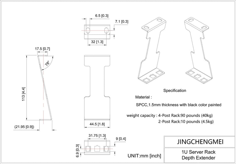 Jingchengmei 1U Server Rack Depth Extender - 4-Inch/10 cm Deep -Recessed Rack Mount Adapter Kit for Network Rack (1UEXB)