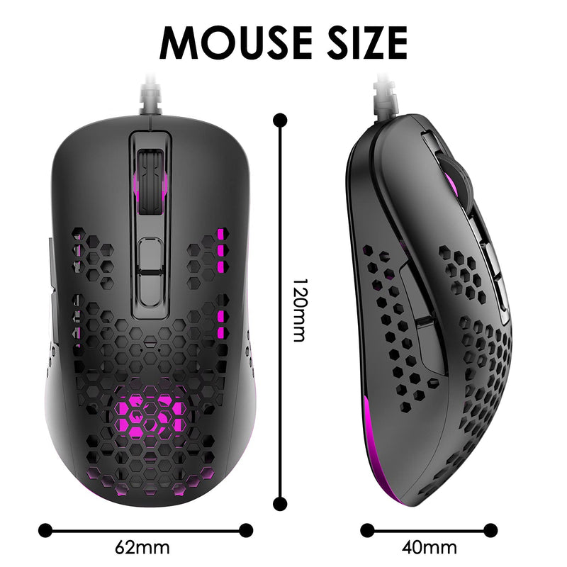 Lightweight Gaming Mouse Wired,USB Optical Computer Mice with RGB Backlit,4 Adjustable DPI Up to 2400,Ergonomic Gamer Laptop PC Mouse with Honeycomb Shell for Windows 7/8/10/XP Vista Linux -Black Black