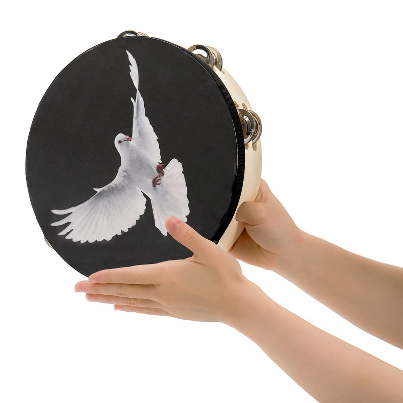 [AUSTRALIA] - Elsjoy Set of 2 Tambourine, 10" and 8" Dove Church Tambourine with Double Row Jingle, Wooden Handbell Hand Clap Drum Percussion Instrument for Church, Black 