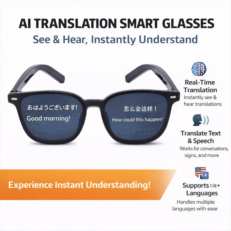 AI Translation Glasses for Men Women, 118 Languages Real-Time Translator Bluetooth 5.3 Smart Glasses with Magnetic Lens, Noise Canceling & Auto On/Off for Travel, Trade, Bus