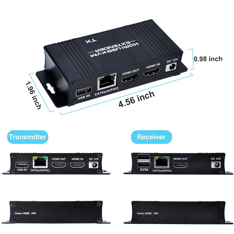 164ft HDMI KVM USB Extender (Transmitter + Receiver) | HDMI to RJ45 Over Cat5e/6/7, Zero Latency 1080p@60Hz USB Keyboard/Mouse Control, Single Power Plug & Play