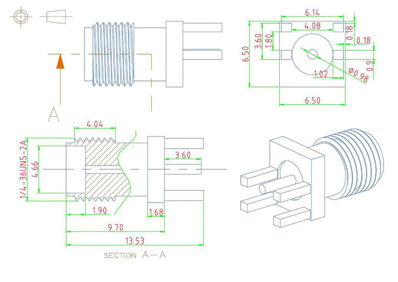 Superbat SMA Female Adapter Edge PCB Mounting | Vertical Through Adapter | 0.051 Inch End Launch Solder Connection | 50 Ohm Gold | Pack of 10 .051" Straight Connector