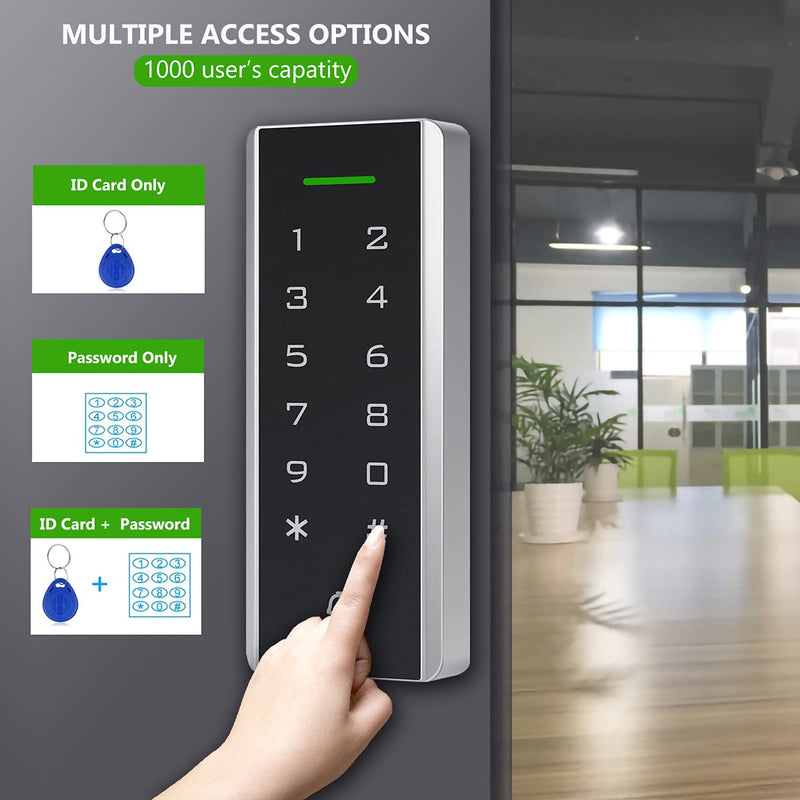 Door Access Control System, 125KHz Proximity ID Card Access Control Keypad Support 1000 Users ID Card Reader Digital Keypad + 5PCS Keychains for Entry Access Controller Gate Opener Narrow Panel