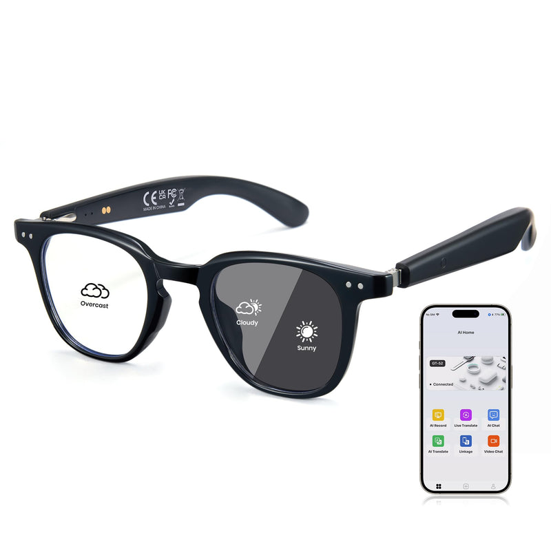 Cyxus AI Smart Photochromic Glasses, Meeting Transcription & Summaries 144 Language Translator 11h Playtime Voice Control HD Calls Business Travel AI8324 Black Frame-Photochromic Lens-Translation, Meeting Transcription & Summaries