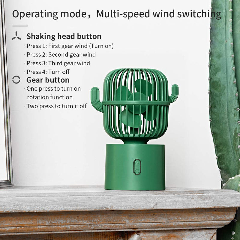 BEISHIDA Personal Fan Small Desktop USB Desk Fan, Cactus Mini Handheld Table 80 Degree Auto Rotation Portable Fans, 3 Speeds Strong Wind, Quiet Operation Fan for Room Home Office Outdoor Travel Green