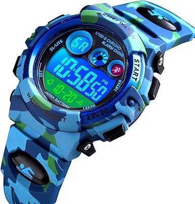 Kids Watch Sport Multi Function 30M Waterproof LED Alarm Stopwatch Digital Child Wristwatch for Boy Girl Light Blue Camouflage