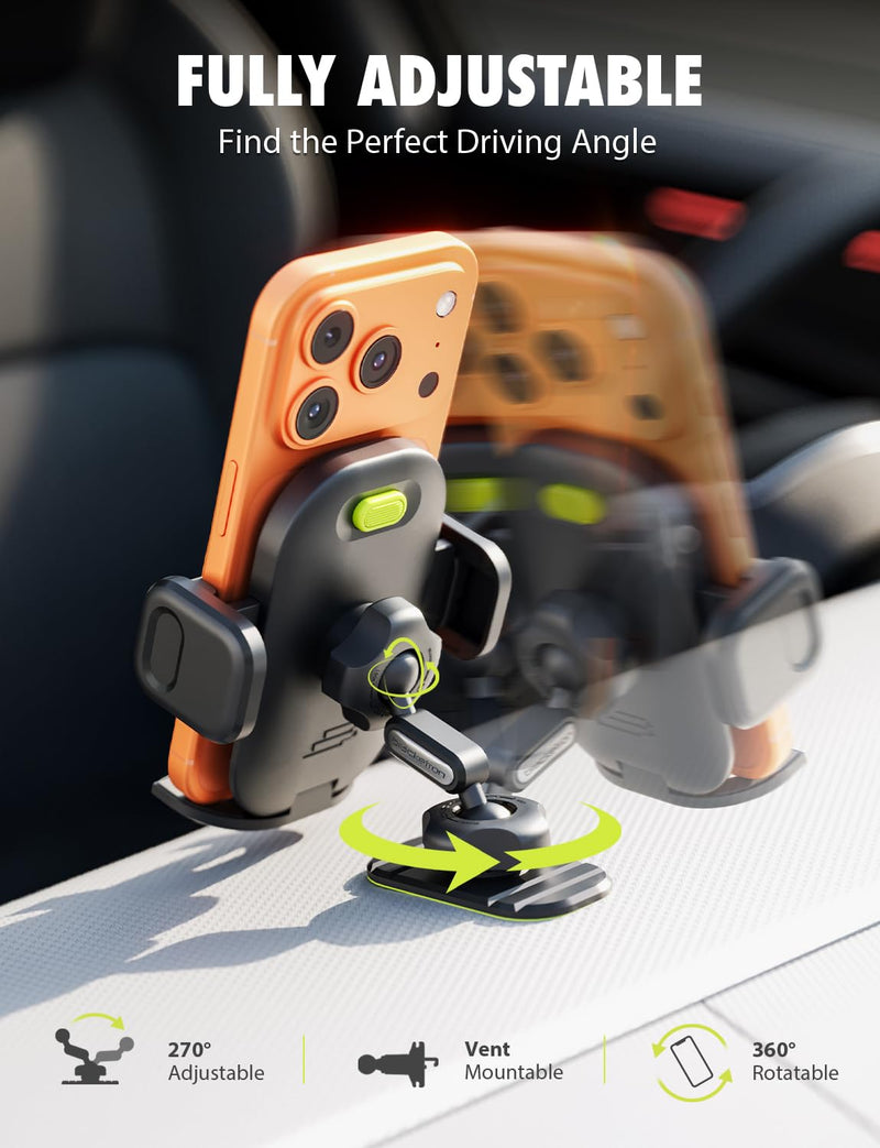 Bracketron TripGrip PRO Car Phone Holder Mount, Vent & Dash, One-Button | TripGrip PRO suction cup phone holder with secure vent hook, one-button release, and 360° rotation for most smartphones