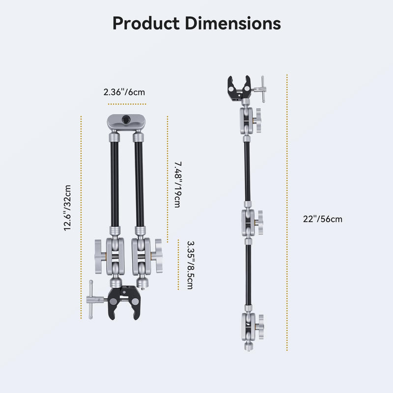 UTEBIT 22" Magic Arm w Clamp Mount, Desk Camera Mount Articulating Friction Boom w Arm 1/4" Thread Adapter, Overhead Desk Phone Mount for Video Light Webcam Microphone Action Camera Content Creators