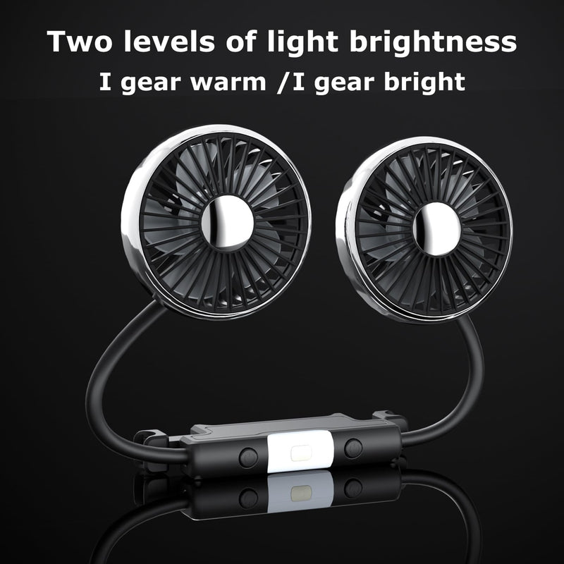 Dual-Head USB Car Fan for Backseat | LED Light