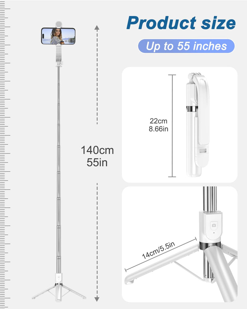 55" Phone Tripod & Selfie Stick,Cell Phone Tripods Stand with Wireless Remote,Phone Holder with Detachable Light, for iPhone 14 13 12 pro Xr X 8Plus 7, Android, Samsung Galaxy S22 S21 and More White
