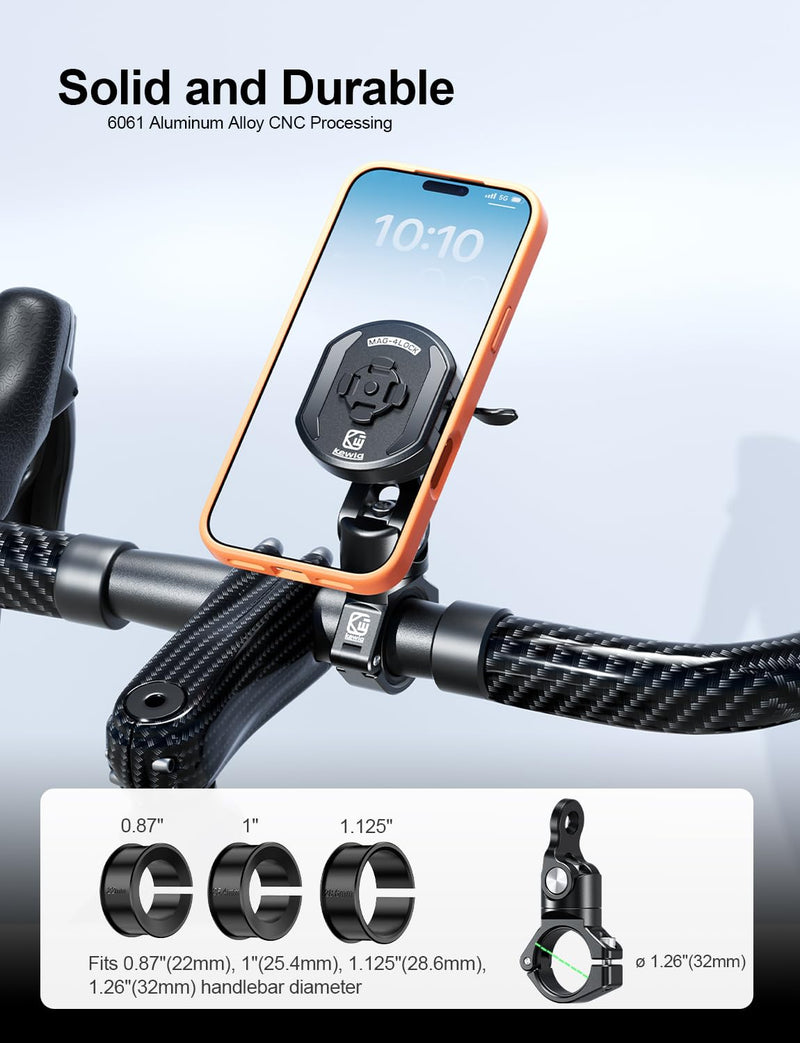 Kewig Aluminum Alloy Motorcycle Magnetic Phone Mount with Magnetic 4-Lock‌ | Vibration Dampener, 1s Auto Lock Bike Phone Holder with Metal Arm & Mounting Base, for 0.87"/1"/1.125"/1.26" Handlebar Short Arm