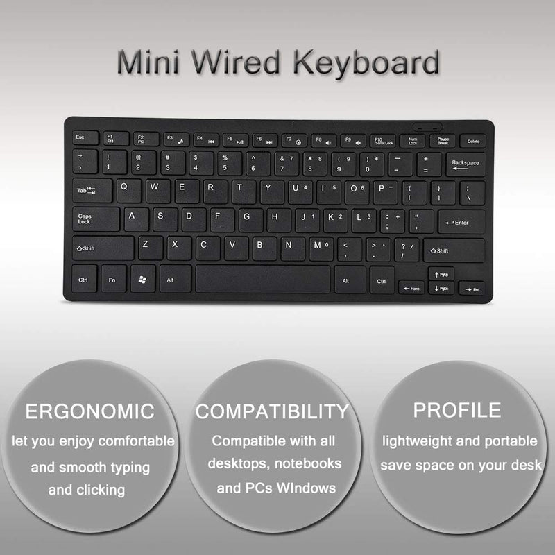 Mini Wired Keyboard,Ultra Thin Full Size USB Wire Corded Keyboard,Portable 78 Keys USB Multimedia Game Office Keyboard, Suitable for PC, Computer, Apple Mac, Laptop, Windows (Black) Black