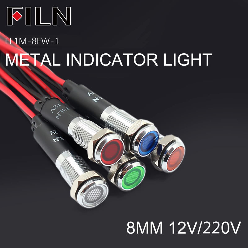 FILN 5 pieces 8 mm (5/16 inch) 12 V LED indicator light, waterproof pilot signal lamp, alarm light, metal panel lights (black, anodised, red5 pieces) red Schwarz eloxiert-12V-5pcs