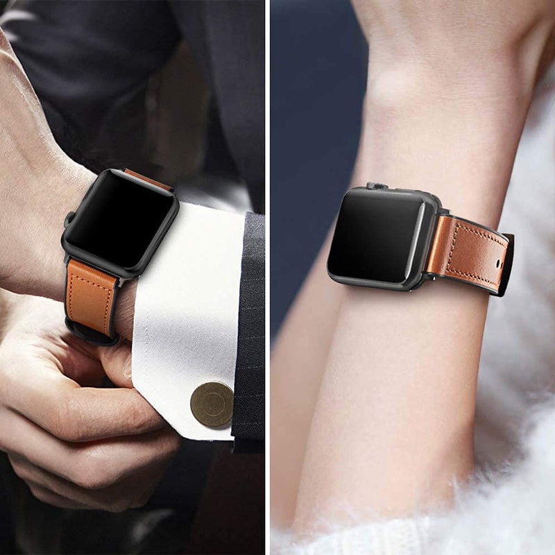 OUHENG Compatible with Apple Watch Band Sweatproof Genuine Leather and Rubber Hybrid Band 41mm 40mm 38mm Brown & Light Brown