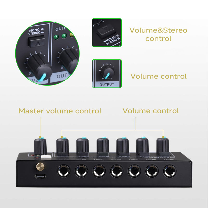Mini 6-Channel Audio Mixer with 7 pcs 6.35mm to 3.5mm Adapter Jack, Stereo Line Mixer for Sub-Mixing, Multi-Input (Mic/Guitar/Keyboard/Bass), Powered by 5V DC