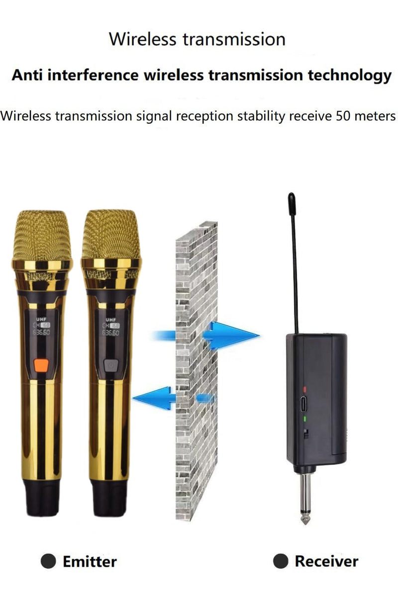 Handheld Wireless Microphone, Rechargeable UHF Microphone, 200Ft, Plating Gold 2 MIC,Handheld Dynamic Wireless Mic for Large Stage Singing Karaoke Wedding DJ Party Speech Church Class Use PA System Golden 2-Mic