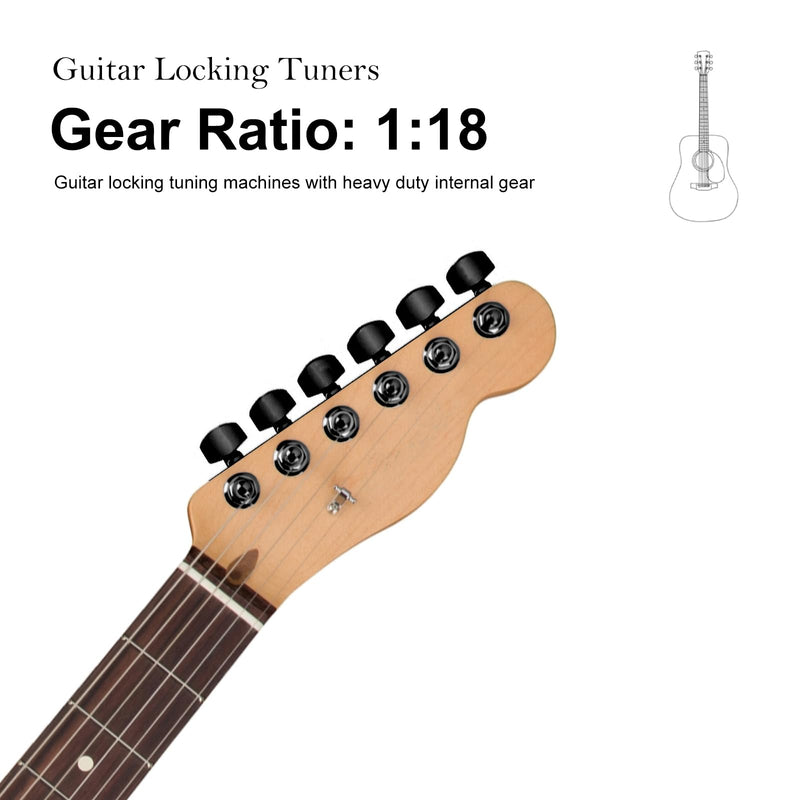 SAPHUE 6R Guitar Locking Tuners 1:18 Lock String Tuning Key Pegs Machine Head with Hexagonal Handle Replacement for Electric Folk or Acoustic Guitars (Black) Black