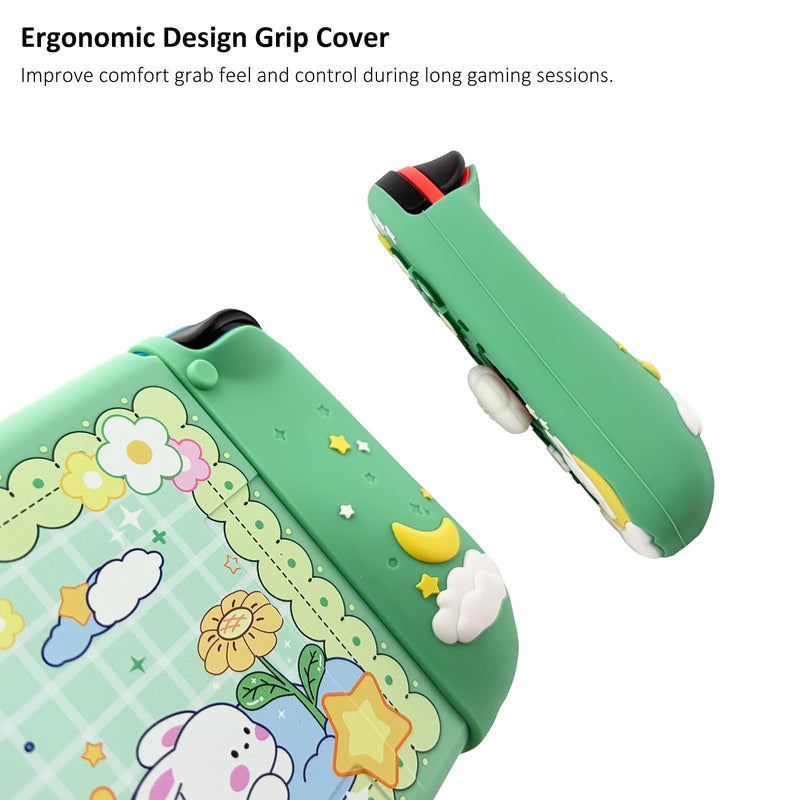 Protective Case for Nintendo Switch, Hard Back Shell + 2 Silicone Ergonomic Controller Covers + 2 Thumb Grips Caps, Cute Rabbit and Flower Cover, Green For Switch