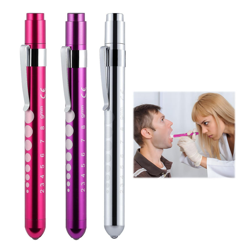 Set of 3 Pupil Light in Purple, Pink, Silver, LED Torch Eye Light, Portable Light Pen with Pocket Clip, Ruler, Pupil Meter, Pupil Light, Care Accessories