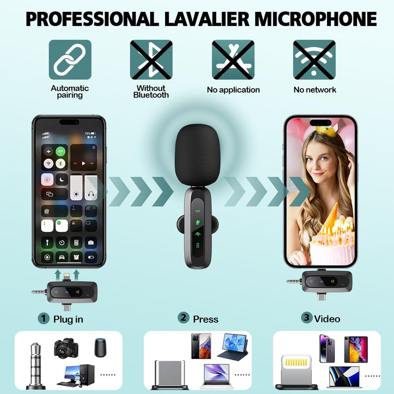 [AUSTRALIA] - Mini Microphone,3 in 1 Wireless Lavalier Microphones for iPhone/iPad/Android/Camera(Lightning/USB/3.5 mm Jack),2 LED Display Bluetooth Microphone Mute/Noise for Video Recording Vlog,Youtube, Tiktok Black LED（3 in1） 