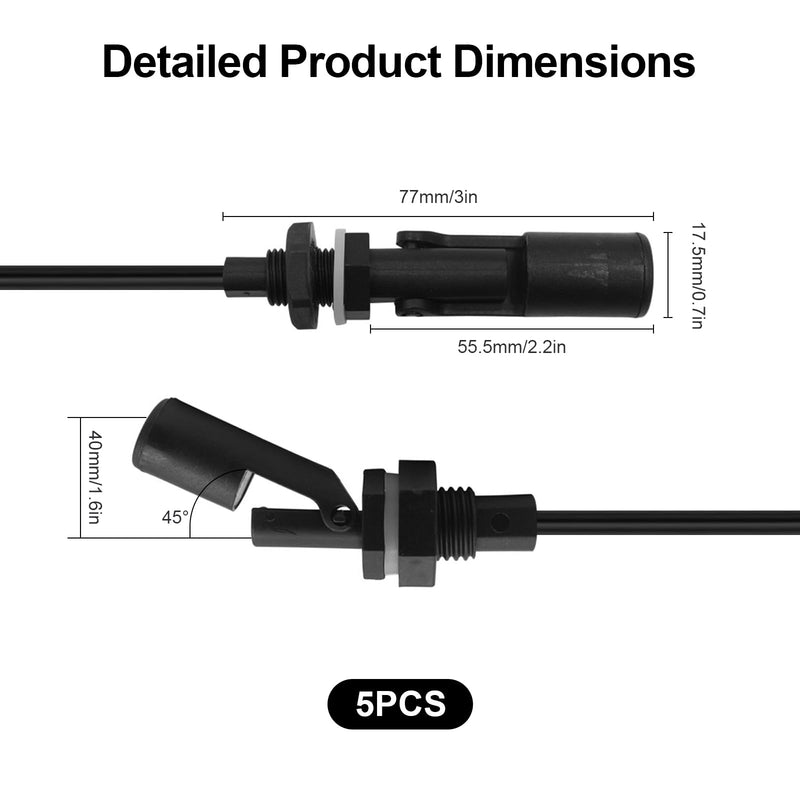 Joycabin Pack of 5 Float Switch Water Level Sensor, Float Switch, Level Switch, Side Mounted Horizontal Float Switch, Liquid Float Switch for Tank, Pool, Horizontal, Aquarium black