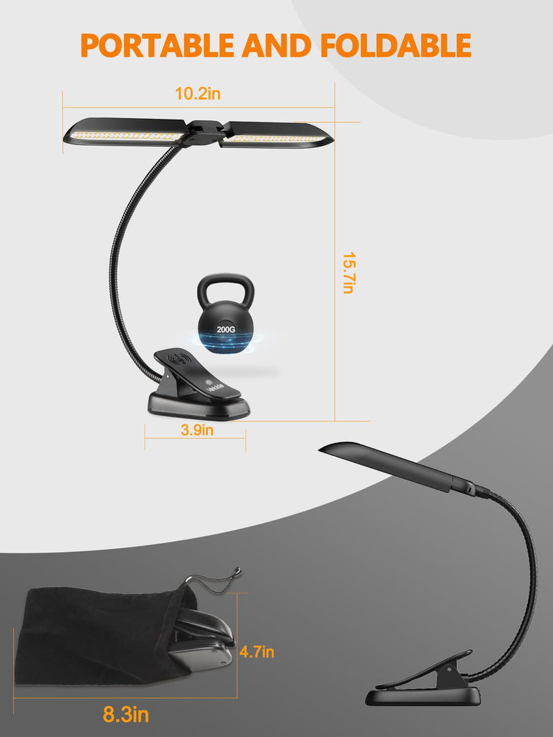 [AUSTRALIA] - Vekkia Folding Music Stand Light, Portable 42 Led Rechargeable Super Bright Clip On Piano Lamp, Professional 5 Brightness×3 Color Temperature, Perfect for Grand Piano, Book Reading. Black 