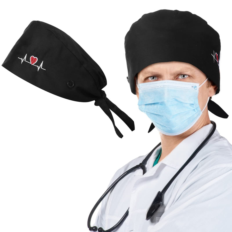 Lusofie Adjustable Working Cap with Button Sweatband Surgical Cap Nurse Hat Cotton Ponytail Holder Scrub Caps Tie Back Hats Black Heart