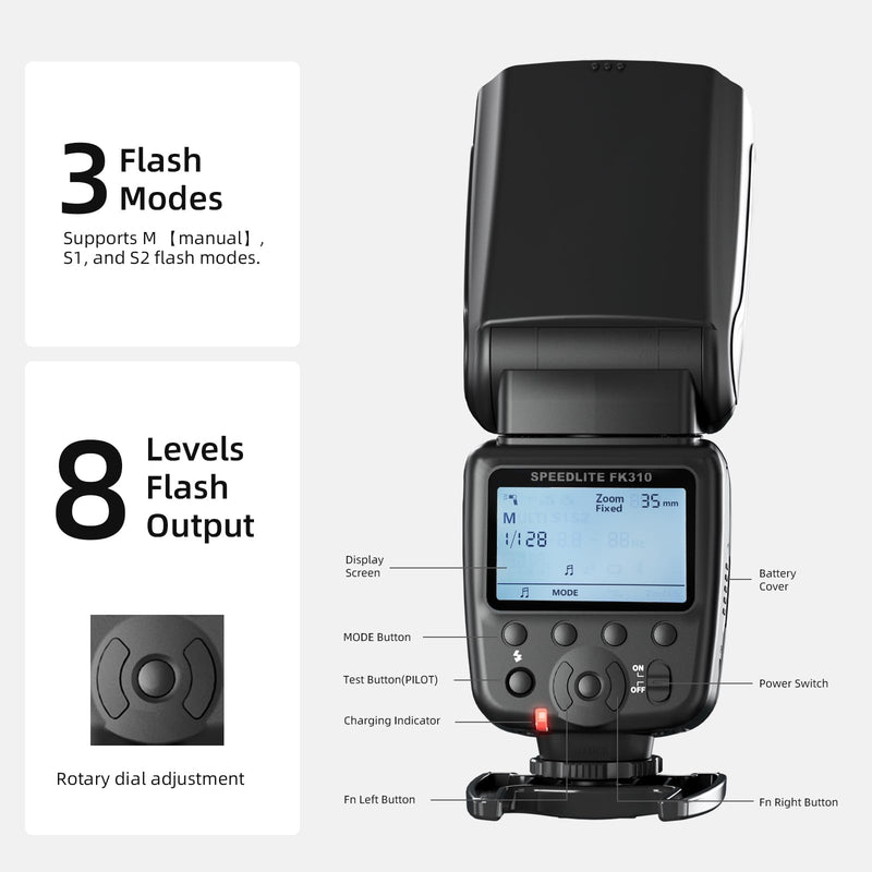 PHOTOOLEX LCD Camera Flash Speedlite for Canon Nikon Sony Panasonic Olympus Fujifilm Pentax Sigma Minolta Leica and Other SLR Digital Cameras and Digital Cameras with Single Contact Hot Shoe FK310