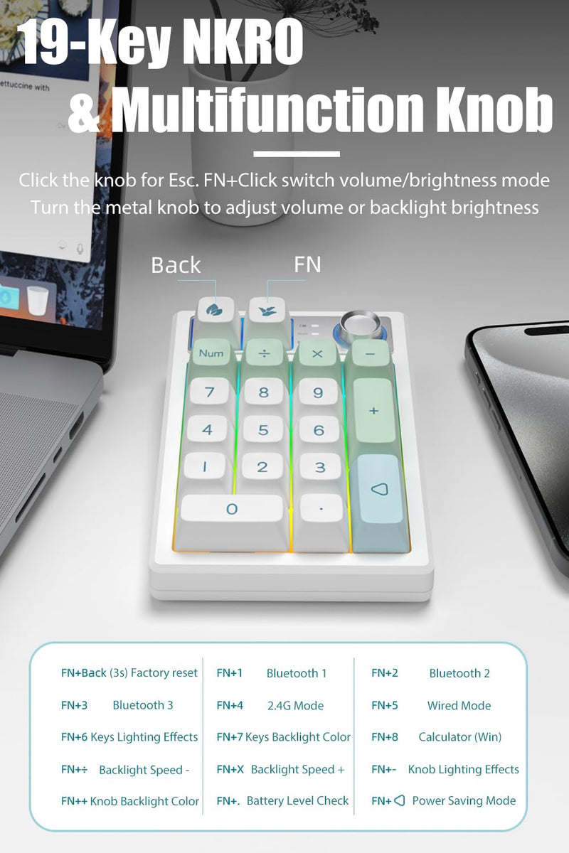 Gasket Creamy Mechanical Numpad Programmable Keypad RGB LED Backlit | Wireless 2.4G/Bluetooth 5.0/Wired USB-C Hot Swappable Macro Number Pad Rechargeable Numeric Keyboard Metal Knob for Win/Mac Mint