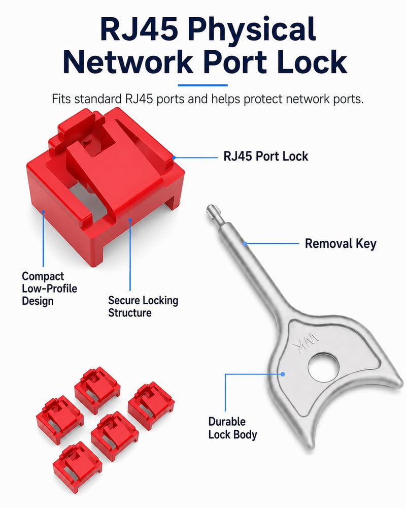 100-Pack RJ45 Port Lock with 5 Keys, Security Network Port Lock & Dust Cover,Female RJ45 Connector Blocker Cap Protector for Computers,Servers, Routers & More (Red) 100+5 Red