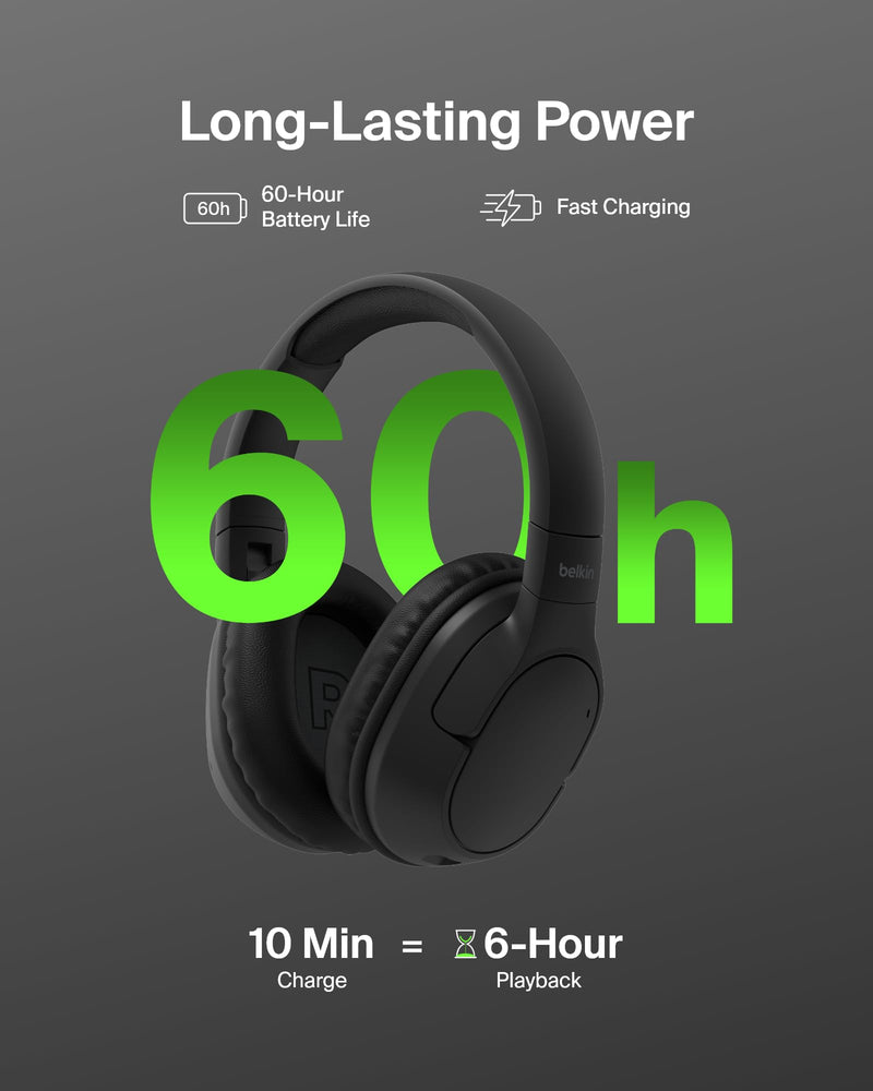 Belkin SoundForm Surround Wireless Over-Ear Headphones | Over-ear Bluetooth headphones, foldable design, recycled materials, multipoint, travel, home, office, commute Black