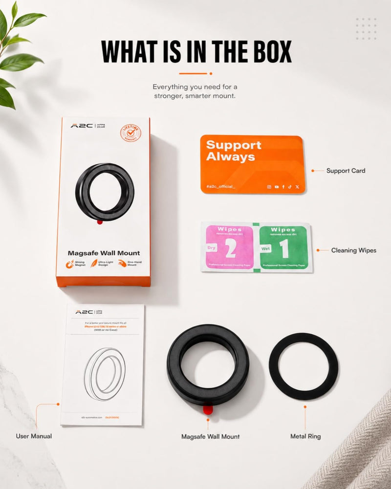A2C Magnetic Wall Mount with 3M VHB, for Kitchen, Shower, Mirror, Office | 10mm Thick, 17 N52 Magnets, Strong Hold, Waterproof, Low Profile, Fits iPhone 12-17 & All Android (ring)