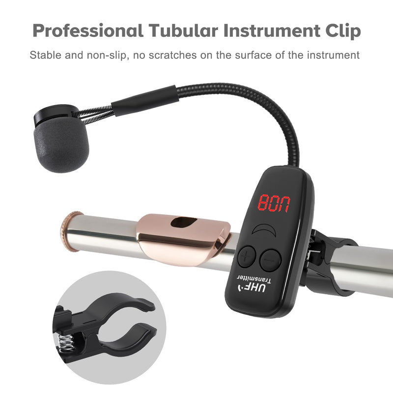 XIAOKOA Wireless Microphone,UHF Wind Instrument Clip Microphones,Rechargeable Receiver and Transmitter Mic System,130ft Range with Digital Screen,Great for Flute, Piccolo, Clarinet