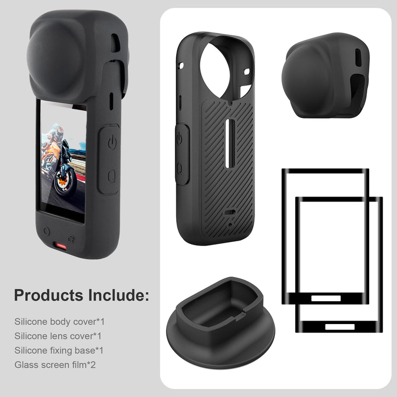 FitStill Protection Accessories Kit Only for Insta 360 X4 Optical Tempered Glass Screen Protector(2 PCS)+Rubber Lens Cap+Silicone Rubber Protective Case+Silicone Support Base Mount Insta 360x4 Accessory