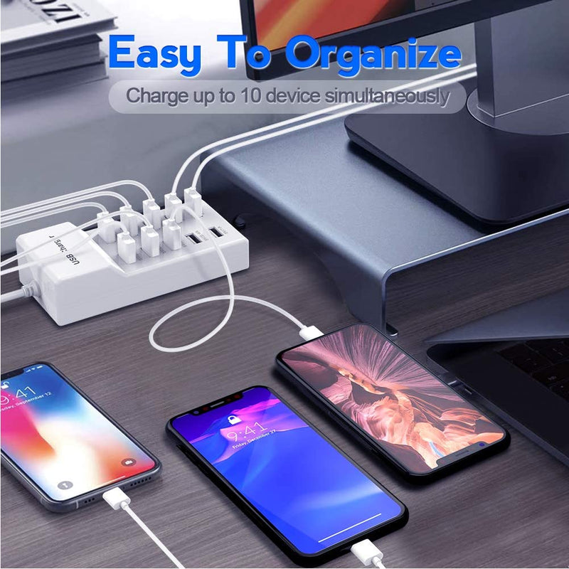 10-Port USB Wall Charger Station with Rapid Charging Auto Detect Technology Safety Guaranteed Family-Sized USB Ports for Multiple Devices Smart Phone Tablet Laptop Computer White