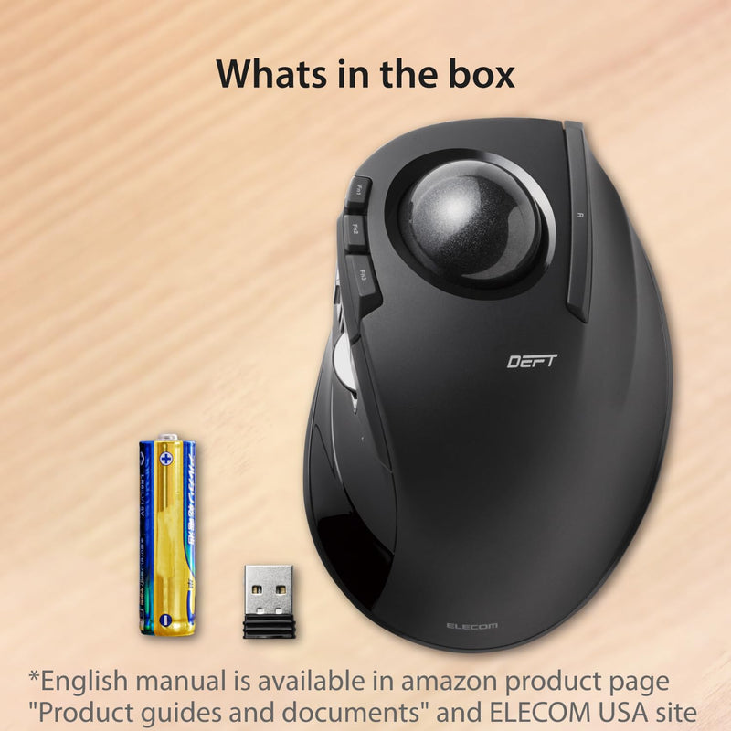 ELECOM DEFT Trackball Mouse, 2.4GHz Wireless, Finger Control, 8-Button Function with Smooth Tracking, Ergonomic Design, Optical Gaming Sensor, Windows11, macOS (M-DT2DRBK) Black / Black ball
