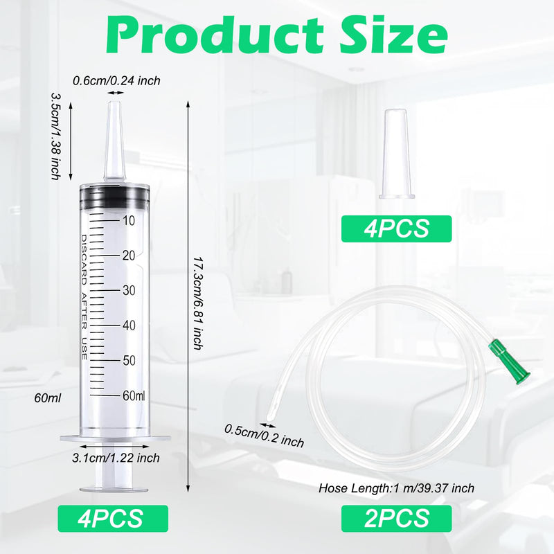 Pack of 4 Syringe Without Needle, 60 ml Large Colostrum Syringe, Sterile Liquid Dispensing Syringe, Graduated Plastic Syringe, Industrial Refill Syringe with 1 m Hose Caps for Liquid, Oil Suction