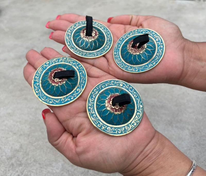 [AUSTRALIA] - 2 Pairs Brass Floral Finger Cymbals Zills for Belly Dancing (Turquoise) Turquoise 