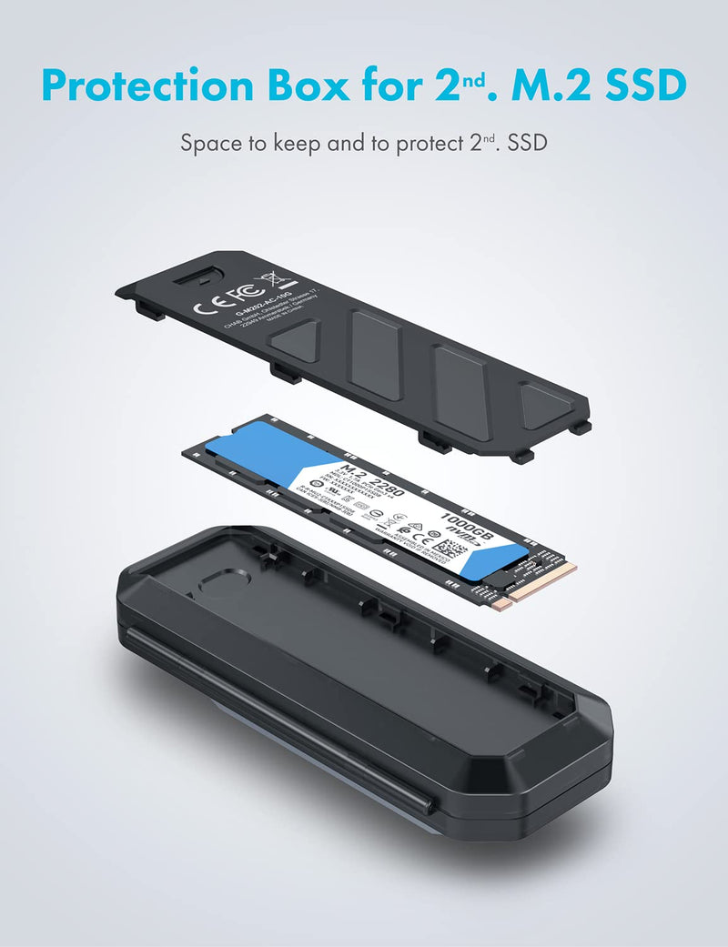 GRAUGEAR 10Gbps M.2 NVMe SATA SSD Enclosure Adapter, Tool-Free USB3.2 Gen2 External SSD Case, USB C to USB C/USB A Cables, M Key, B+M Key, RTL9210B for Size 2230/2242/2260/2280[G-M202-AC-10G]