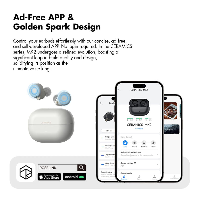 ROSESELSA Ceramics MK2 True Wireless Earbuds, Up to 40dB Noise Cancellation | Bluetooth 6.0, Hi-Res LDAC, IPX4 Sweat Resistant, 45H Playtime, HD Mics, Game Mode, Multipoint Connection, Night