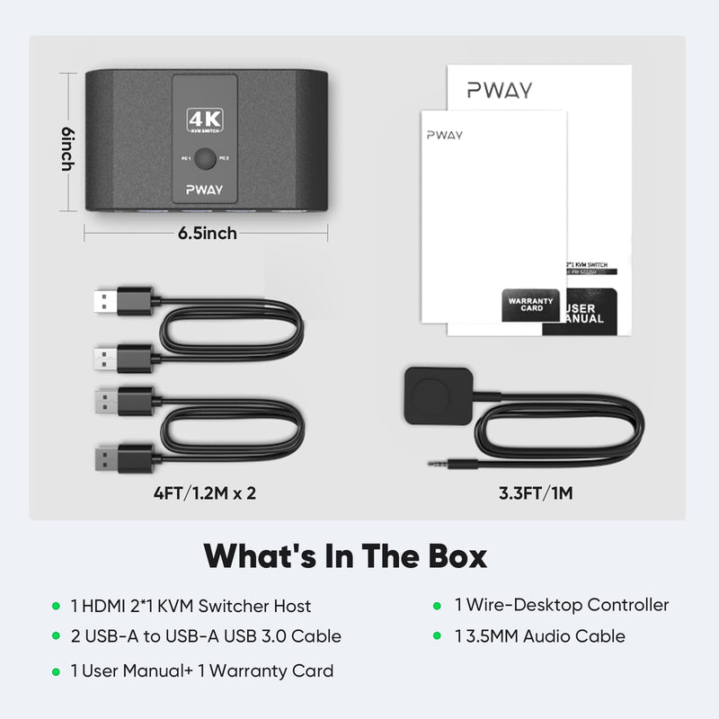 4K@60Hz HDMI Kvm Switch 1 Monitors 2 Computers, Sharing USB Devices with 3 USB 3.0 Ports, Supports Wired Remote and Button Control, EDID Compatible, Suitable for Laptop/Desktop Black