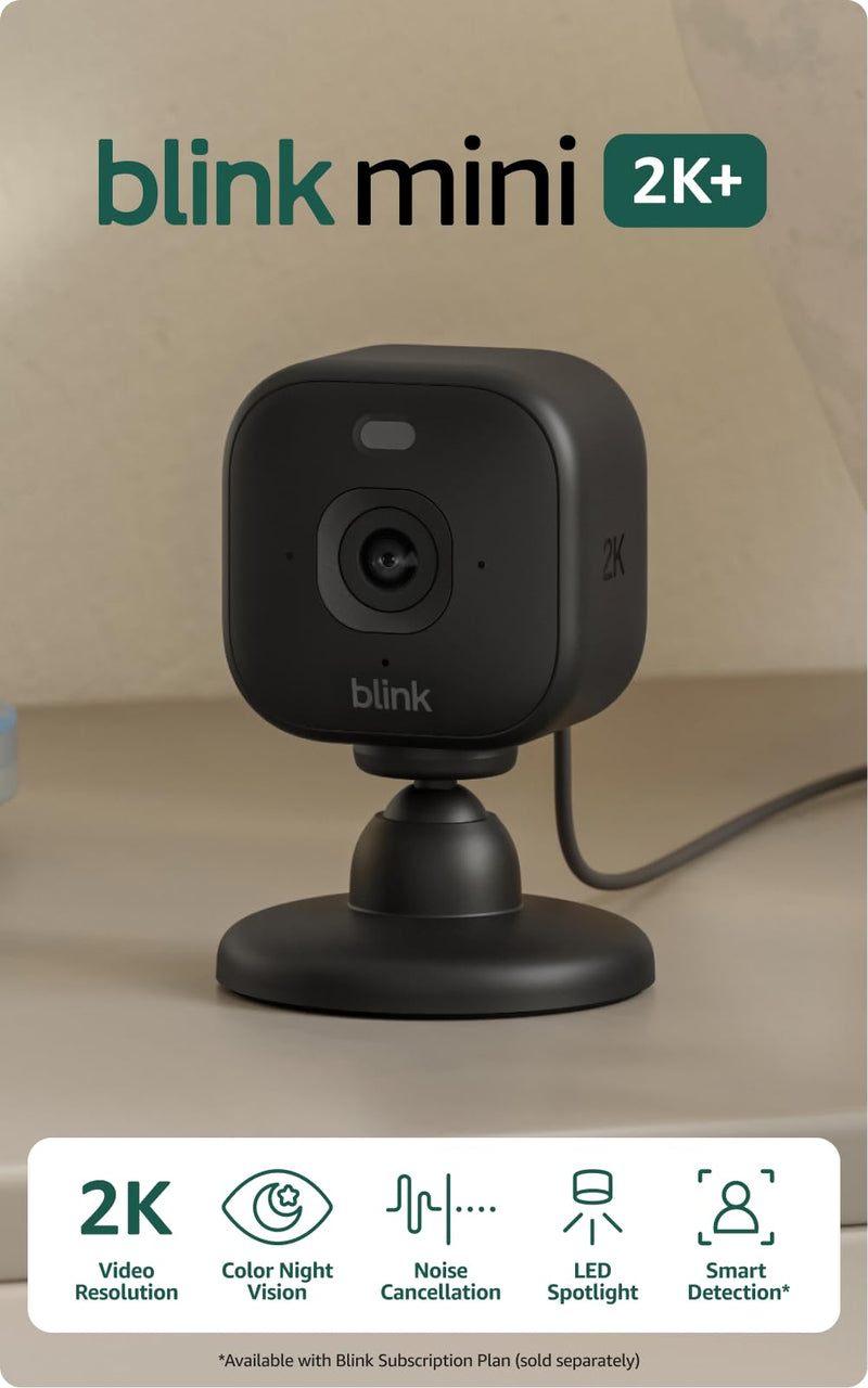 Blink Mini 2K+ (newest model) with 1-Year Basic plan – Plug-in Home & Pet Security Camera with 2K video resolution, color night vision, enhanced audio, motion detection – 1 camera (Black)