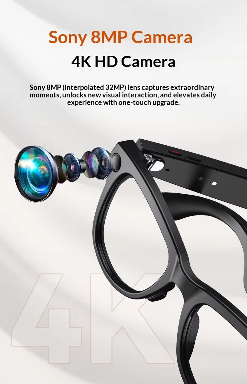 M02 Ultra Smart Glasses with 8MP Camera, Reverse Charging Case, AI Object Recognition & Translation, Hands-Free 4K Video Recording, Noise-Cancelling Bluetooth Audio (Black)