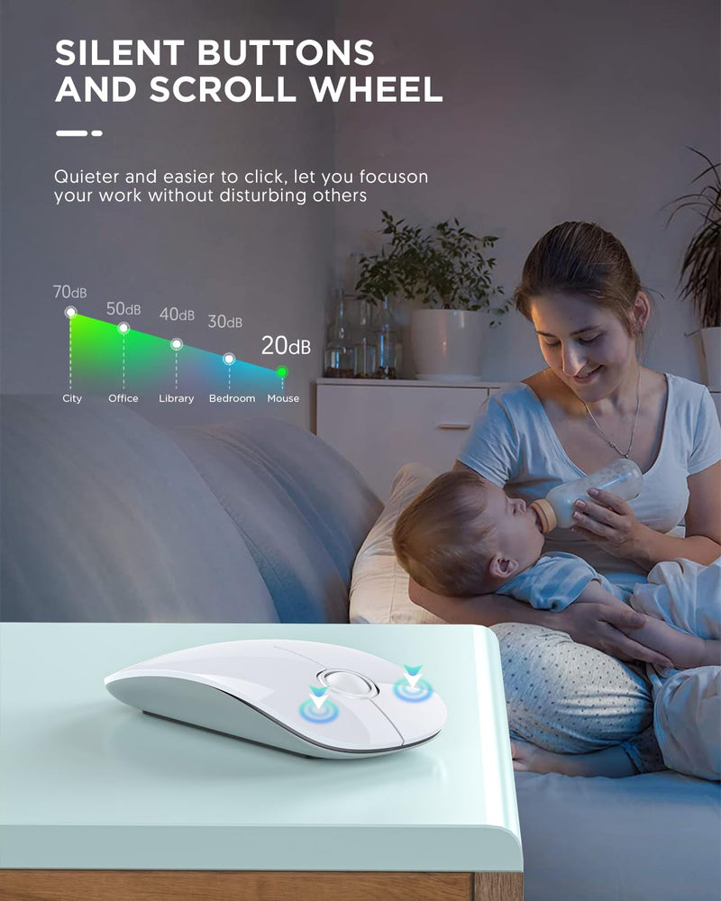Bluetooth Wireless Mouse - (BT5.1+USB) Slim Dual Mode Computer Mice with Quiet Click, Low Power, and 1600 DPI, Portable Cordless for MacBook, Laptop, iPad Pro/Air, Chromebook (White) White
