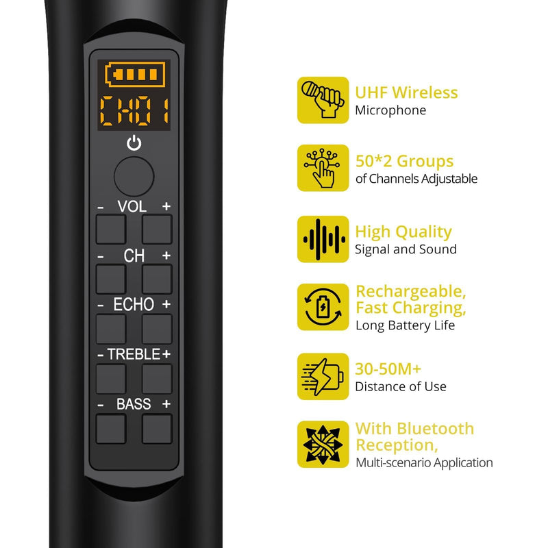 PROZOR UHF Wireless Microphone with Volume Treble Bass Echo Control, Wireless Rechargeable Mic Dual Handheld Dynamic Mic System with Rechargeable Receiver, for Karaoke Machines, DJ, Church, Weddings Rechargeable Portable Bluetooth UHF Mic – Echo Control