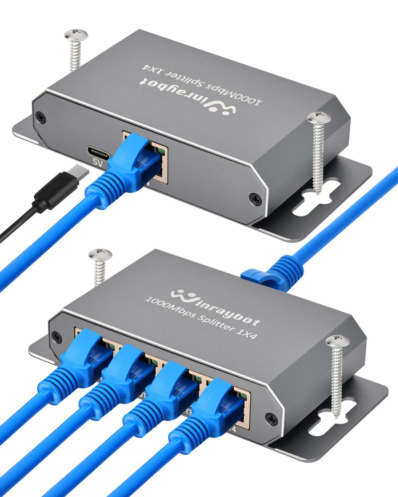 Gigabit Ethernet Splitter 4 Port & 2 Port with Wall Mount Ears for Home Office PS5 Router Smart TV Plug & Play 1000Mbps Powered Network Switch 1 to 4 Ethernet Hub 1 to 2