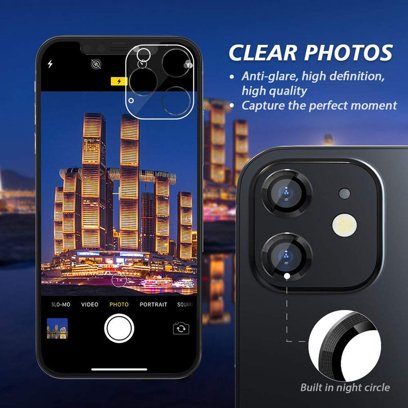 Camera Lens Protector for iphone 12/12 Mini / 11, Tempered Glass Film, Aluminum Alloy Screen Cover, 2 Pack Black, with Cleaning Kit