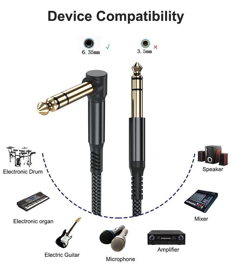 Elebase 1/4 Inch TRS Instrument Cable 20ft 2-Pack,Right-Angled to Straight 6.35mm Male Jack Stereo Audio Cord,6.35 Balanced Interconnect Line for Electric Guitar,Bass,Keyboard,Mixer,Amplifier,Speaker 20FT/6M Black