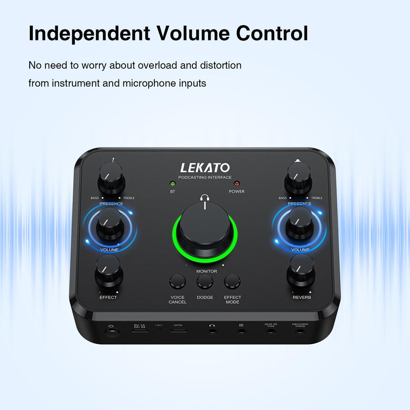 LEKATO Rechargeable Bluetooth Audio Interfaces, USB Audio Interface with XLR Mic, Hi-Z Line, 24bit/96kHz, 48V Phantom Power for Gaming Vocal Streaming Podcast Recording