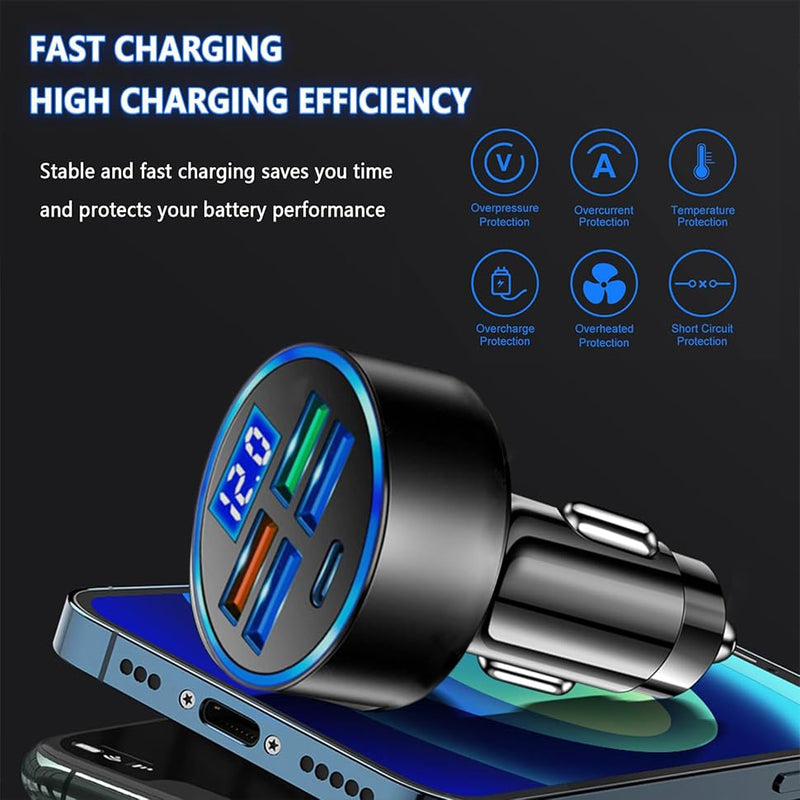 5-in-1 Car Charger, Fast Charging Car Adapter, USB Cigarette Lighter Car Accessory, Car Charger Compatible with Iphone14/14pro/13/12/Ipad/Tablet/Samsung and More. (Black)
